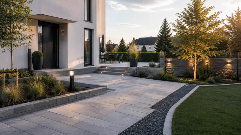 Moderne Außenanlagen und Terrassen Hochwertig gestaltete Außenanlage mit Terrasse, Wegen und moderner Grundstücksgestaltung.