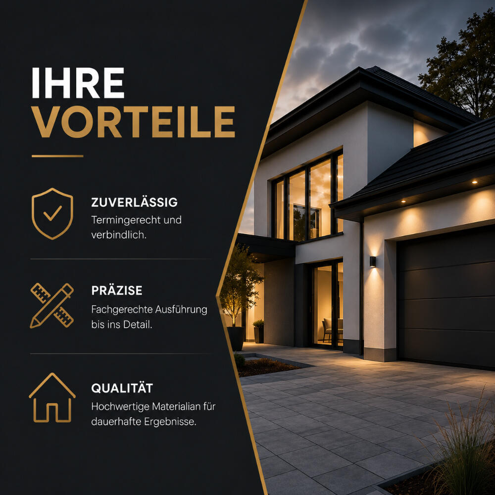 Ihre Vorteile – Qualität, Präzision und Zuverlässigkeit Moderne Grafik mit den Vorteilen von Montagebau Hohner: zuverlässige und termingerechte Umsetzung, präzise handwerkliche Ausführung sowie hochwertige Materialien für langlebige Bau- und Sanierungsprojekte.
