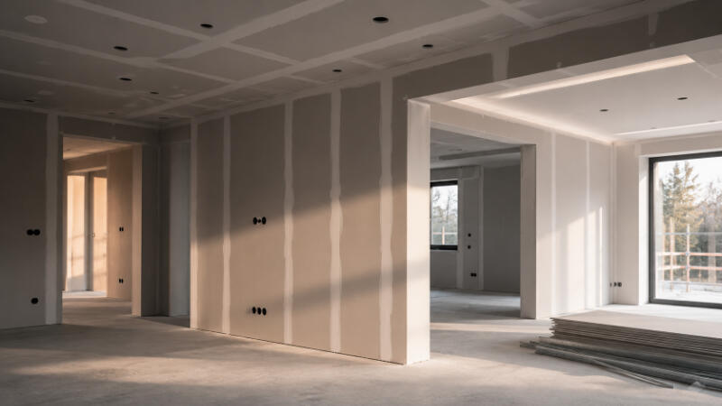 Trockenbau für Wohn- und Gewerbeobjekte Moderner Trockenbau mit neu errichteten Wänden und Deckenkonstruktionen während der Ausbauarbeiten.
