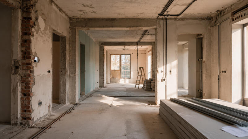 Professionelle Kernsanierung Gebäude während einer Kernsanierung mit freigelegter Bausubstanz und vorbereiteten Ausbauarbeiten.