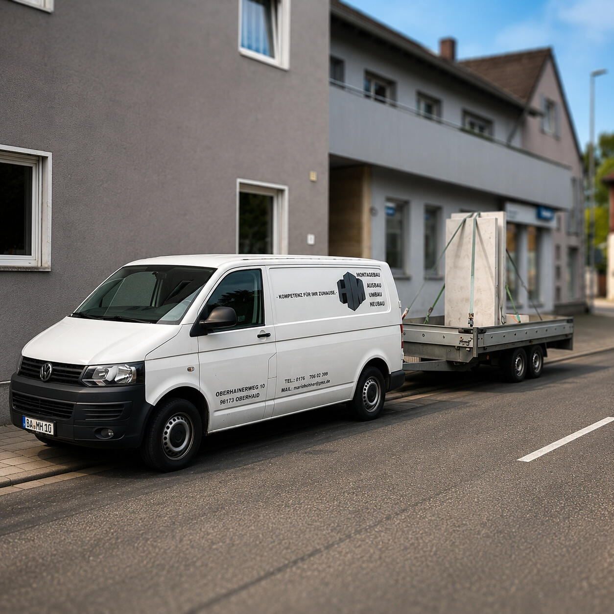Montagefahrzeug auf dem Weg zum Einsatz Modernes Montagefahrzeug auf dem Weg zu einem Kundeneinsatz im Raum Bamberg – zuverlässig unterwegs für Ausbau-, Umbau- und Sanierungsprojekte.