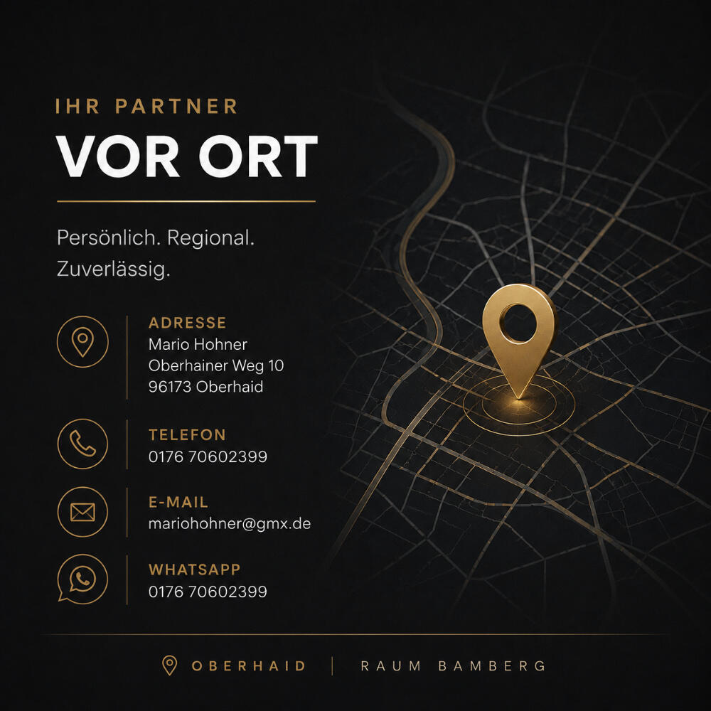 Standort von Montagebau Hohner in Oberhaid Moderne Standortgrafik von Montagebau Hohner mit Adresse in Oberhaid sowie stilisierter Kartenansicht und Standortmarkierung für den Raum Bamberg.
